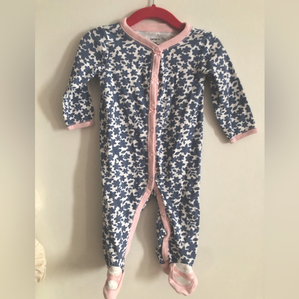 Carter’s Baby Girl Button Up Onesie with Ballet Slipper Footies - 9M Blue Floral